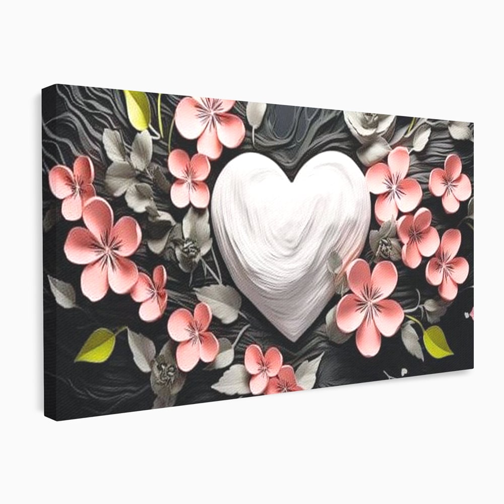 Tablou canvas cu tablou canvas cu inima alba si flori roz, fara rama, pe sasiu de lemn